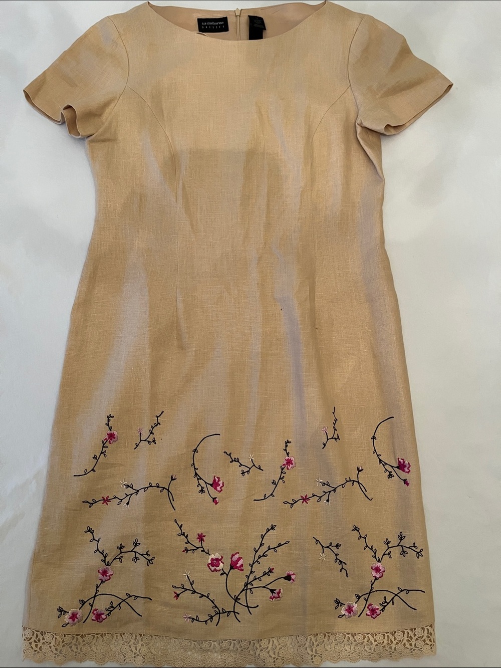 Liz Claiborne Beige Mini Dress with Pink Floral Embroidery